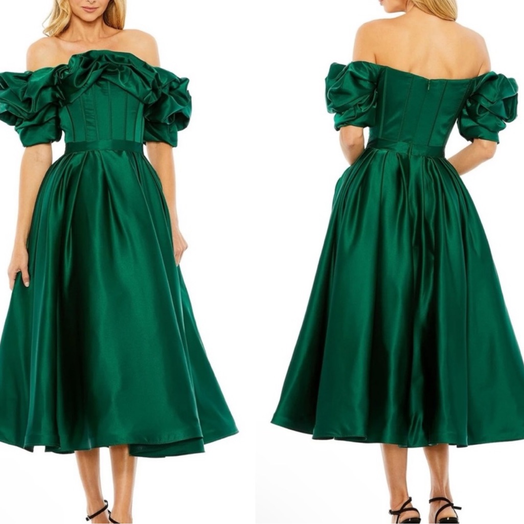 Mac Duggal Emerald Green Puffed Off Shoulder Ruffle Tea Length Dress - Reemoly